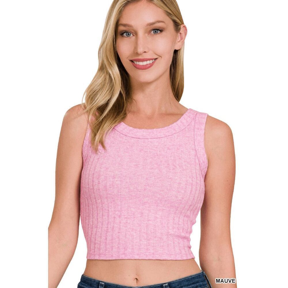 Ribbed Boat Neck Cropped Sleeveless Top - Mauve